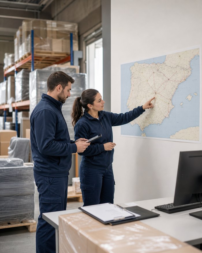 Equipo de logística preparando rutas de muebles desde Madrid hacia la Península