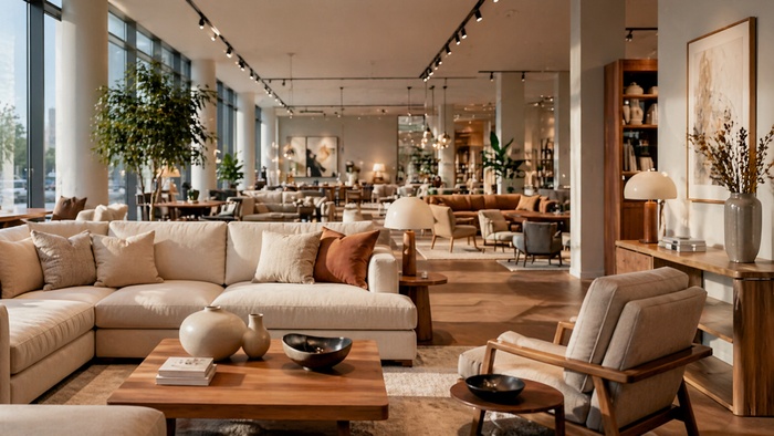 Tienda de muebles con showroom moderno y mobiliario expuesto